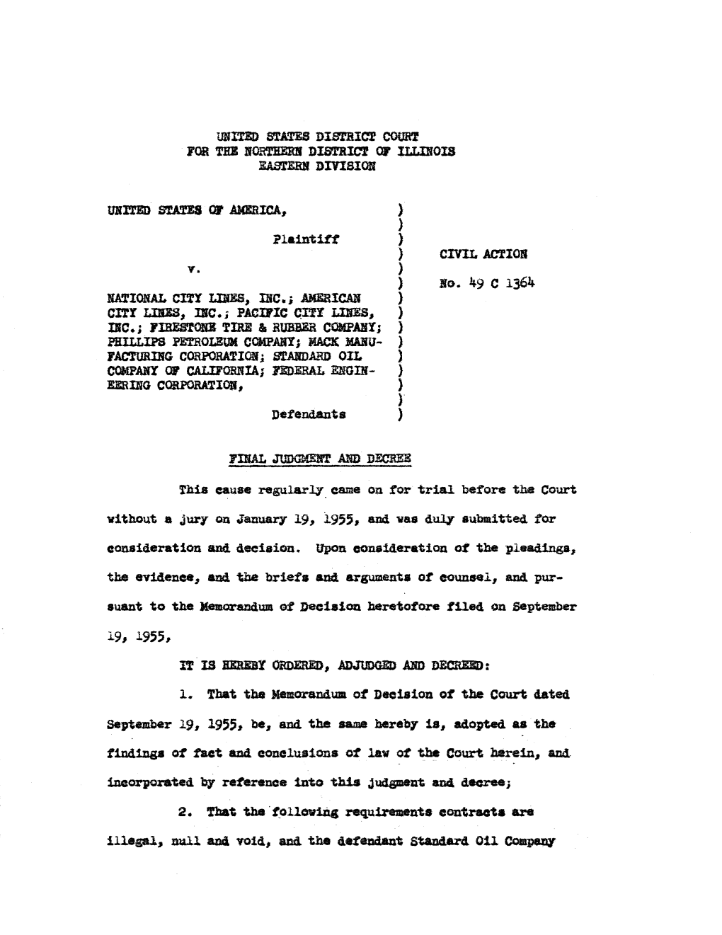 Final Judgment: U.S. V. National City Lines, Inc., Et