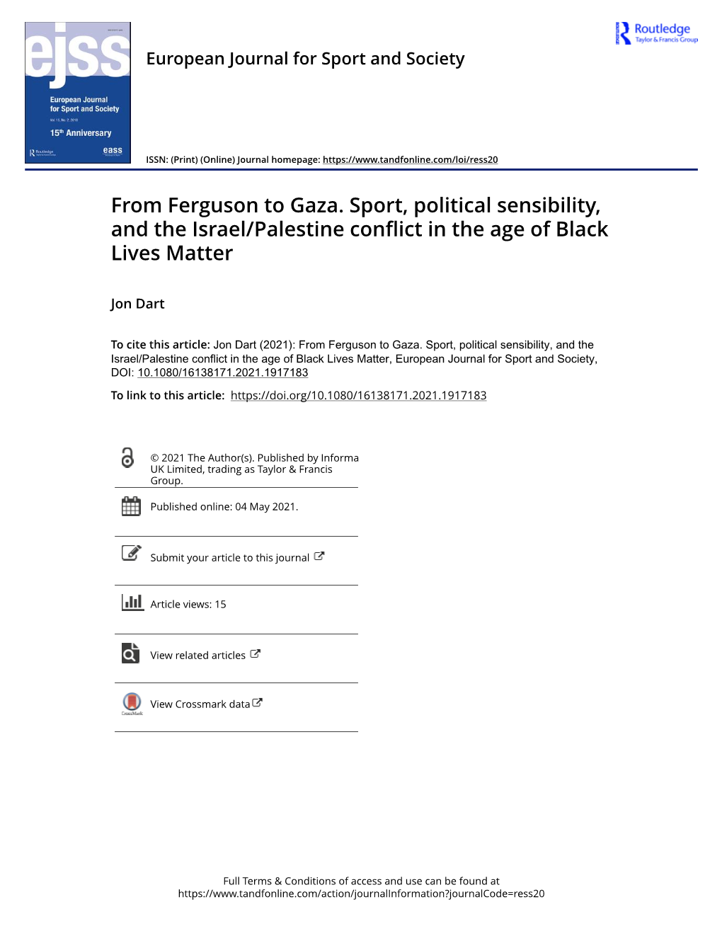 From Ferguson to Gaza. Sport, Political Sensibility, and the Israel/Palestine Conflict in the Age of Black Lives Matter