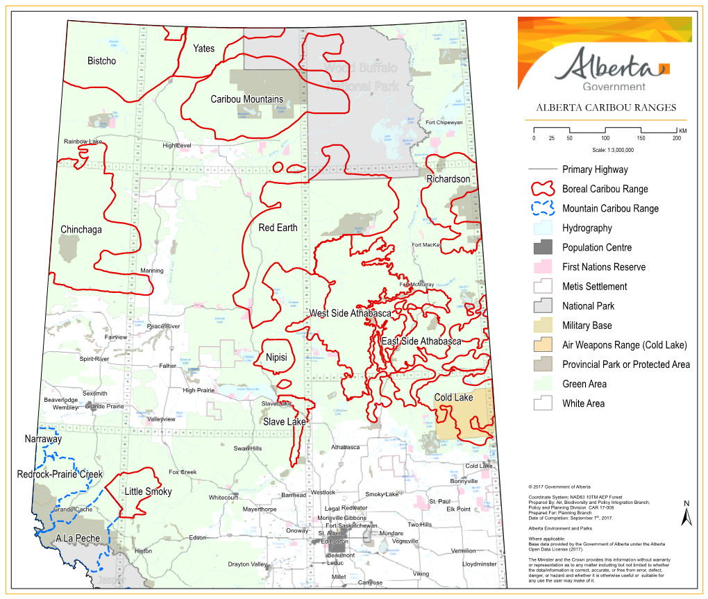 ALBERTA CARIBOU RANGES Fort Chipewyan KM 0 25 50 100 150 200 Rainbow Lake High Level Scale: 1:3,000,000