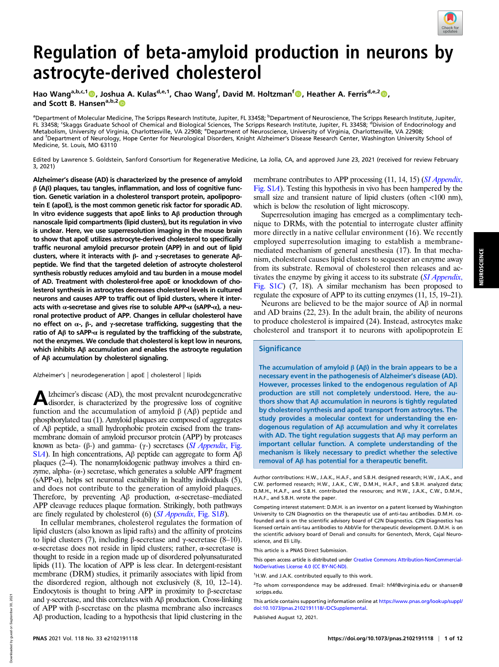 Regulation of Beta-Amyloid Production in Neurons by Astrocyte-Derived Cholesterol