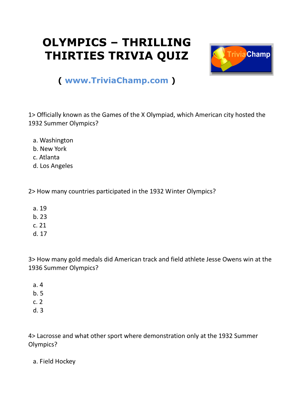 Olympics – Thrilling Thirties Trivia Quiz