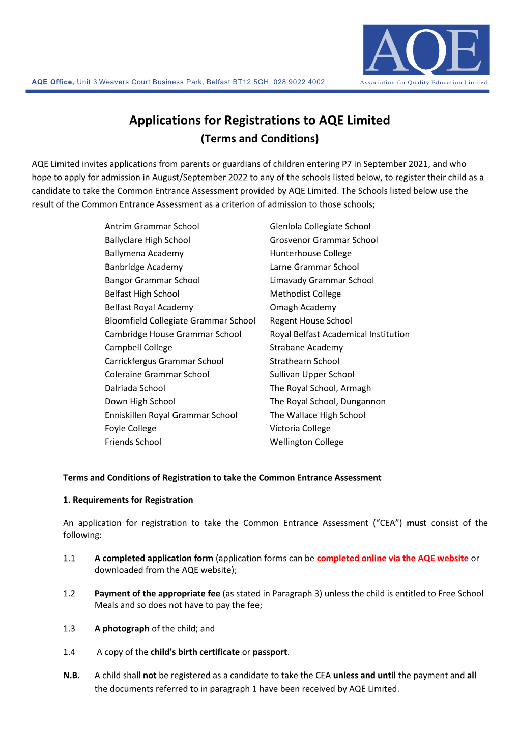 Applications for AQE Terms and Conditions