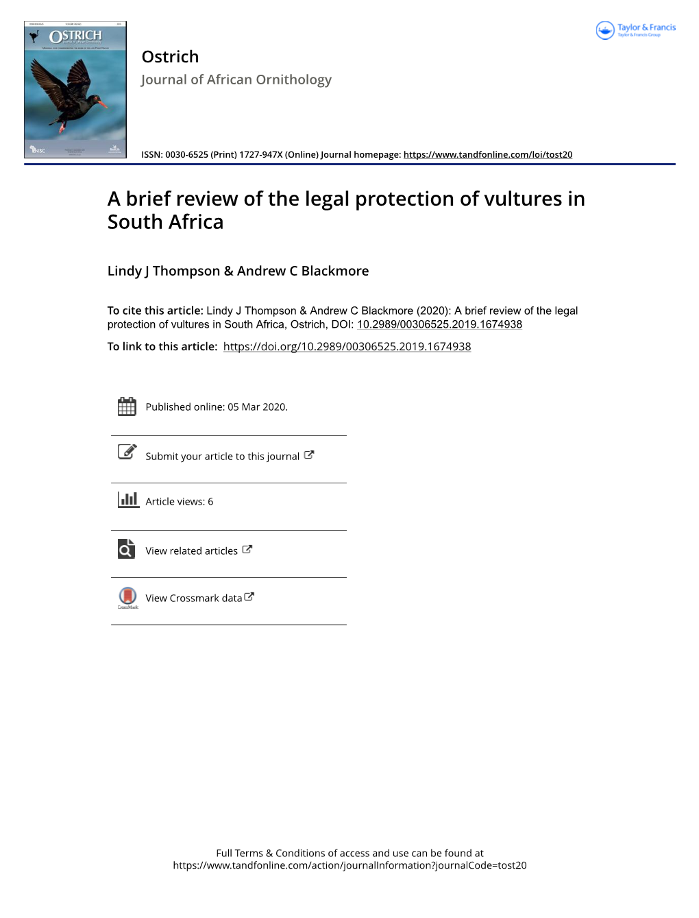 Review of the Legal Protection of Vultures in South Africa
