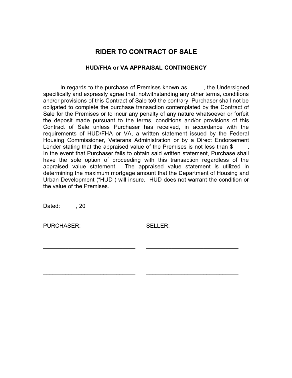 Rider to Contract of Sale - FHA