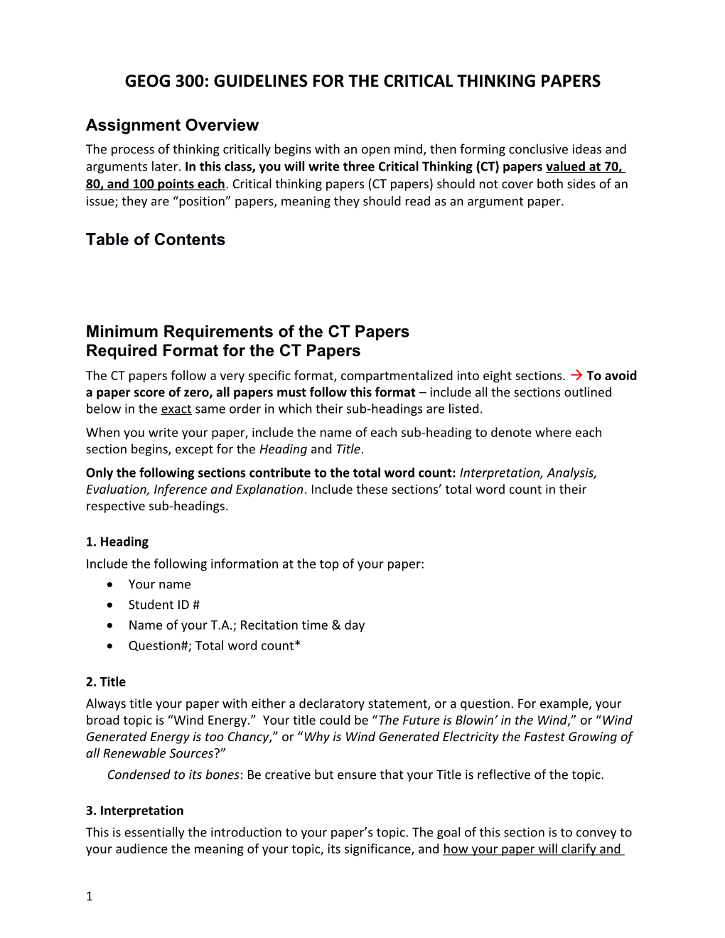 GEOG 300: Guidelines for the Critical Thinking Papers