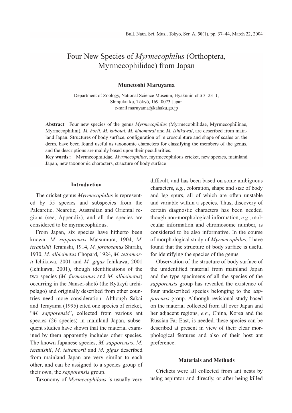 Four New Species of Myrmecophilus (Orthoptera, Myrmecophilidae) from Japan