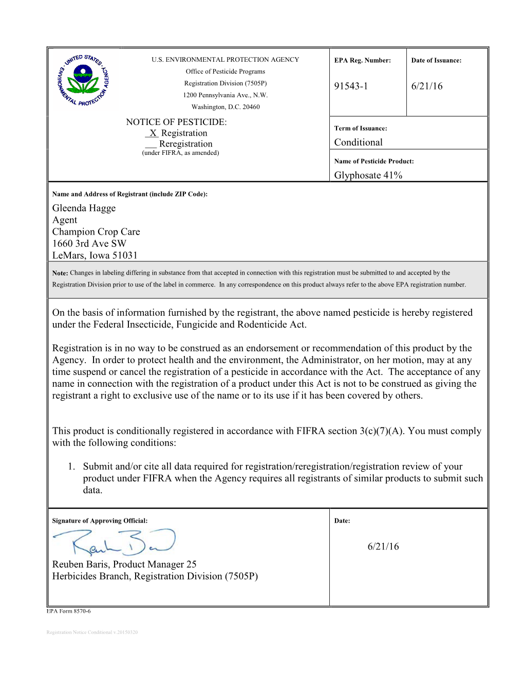 US EPA, Pesticide Product Label, GLYPHOSATE 41%,06/21/2016