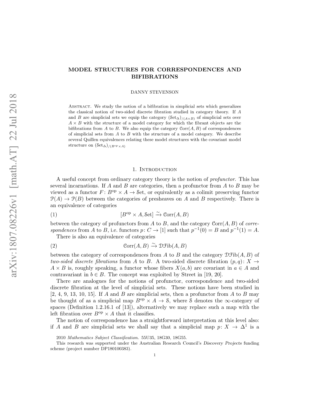 Arxiv:1807.08226V1 [Math.AT] 22 Jul 2018 Ewe H Aeoyo Orsodne from Correspondences of Category the Between (2) Eea Nantos If Incarnations