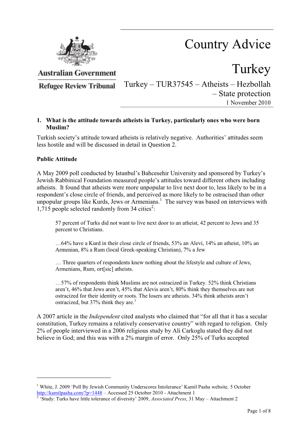 Country Advice Turkey Turkey – TUR37545 – Atheists – Hezbollah