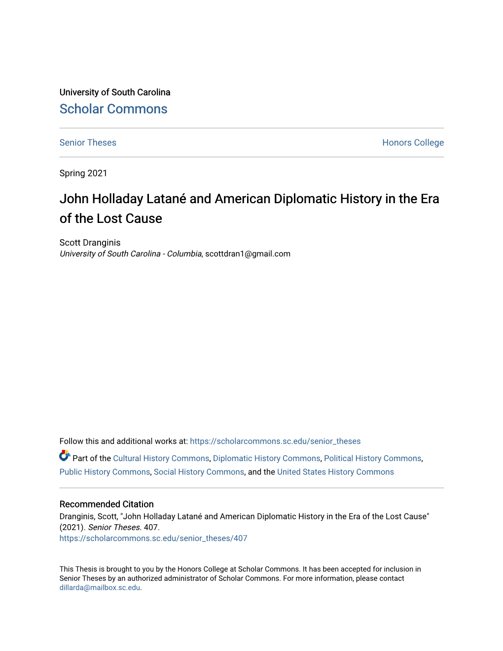 John Holladay Latané and American Diplomatic History in the Era of the Lost Cause