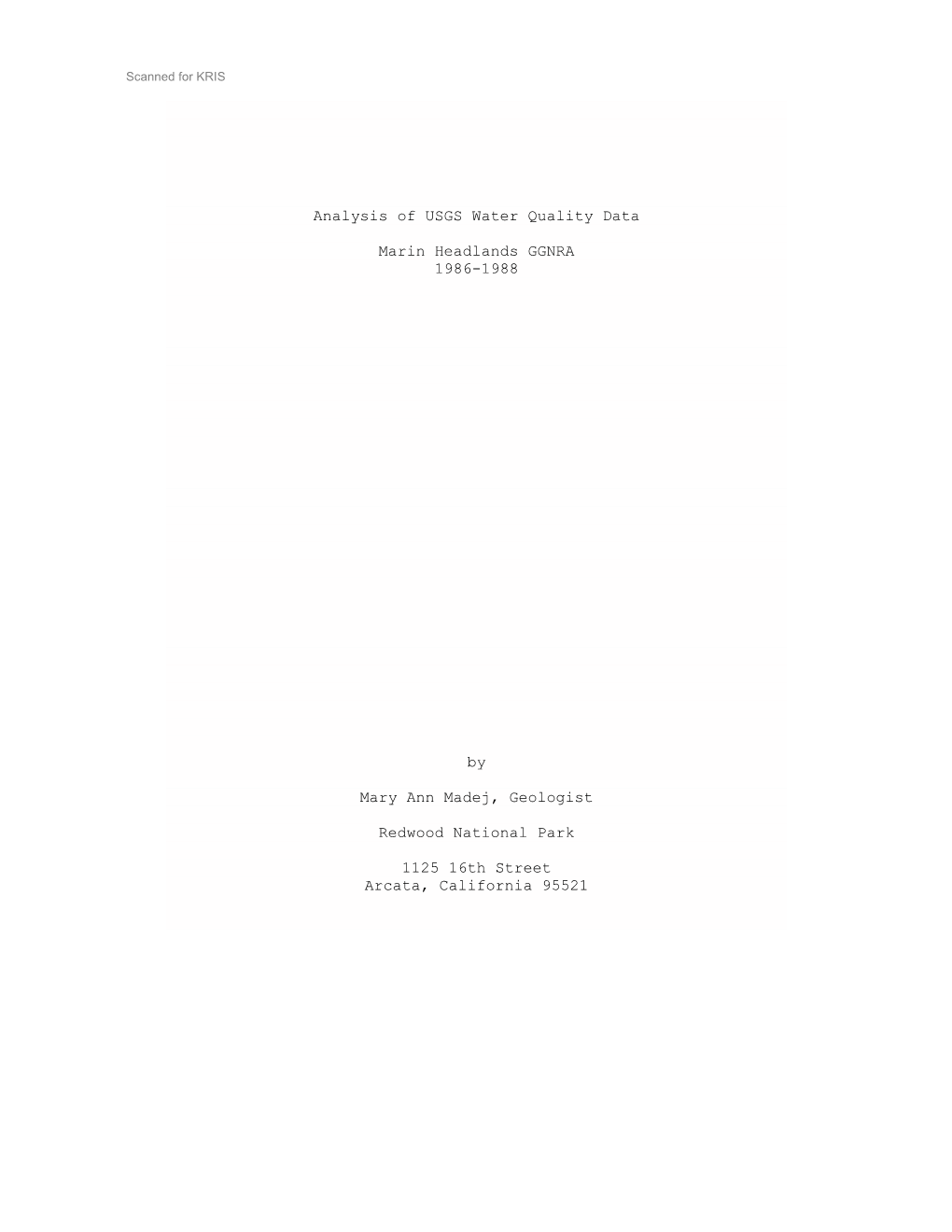 Analysis of USGS Water Quality Data Marin Headlands GGNRA 1986