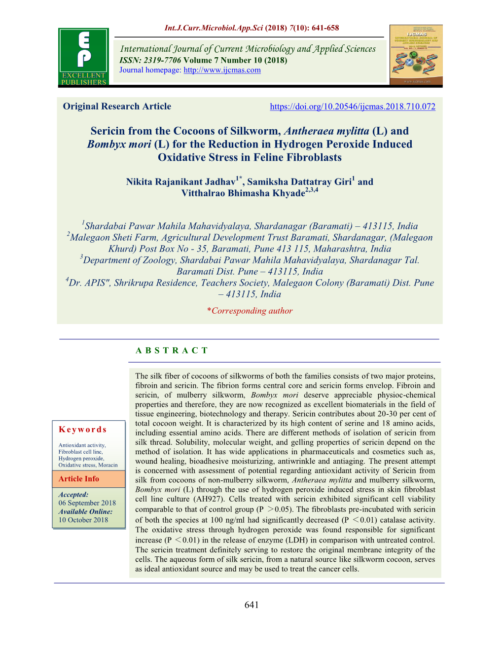 And Bombyx Mori (L) for the Reduction in Hydrogen Peroxide Induced Oxidative Stress in Feline Fibroblasts