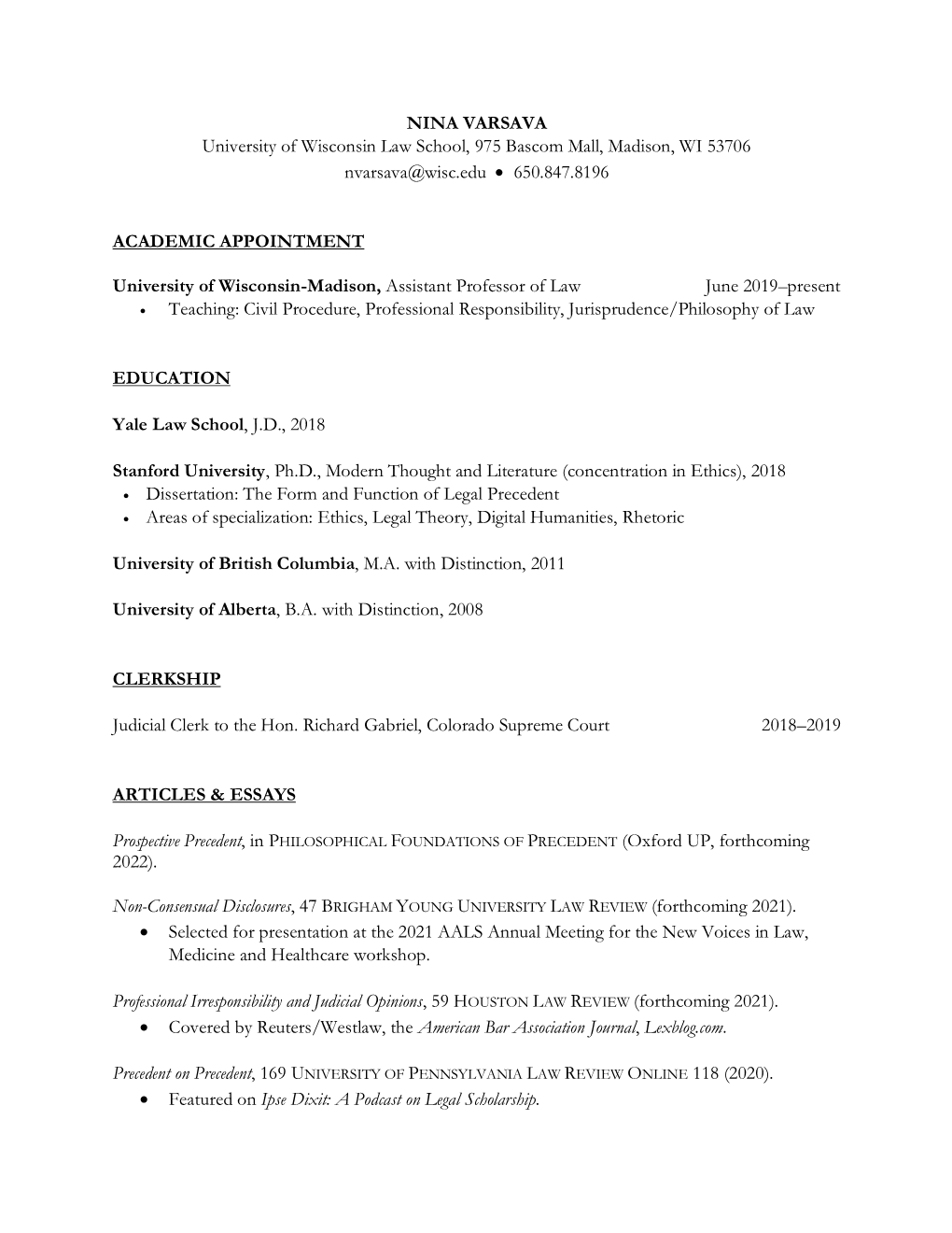NINA VARSAVA University of Wisconsin Law School, 975 Bascom Mall, Madison, WI 53706 Nvarsava@Wisc.Edu • 650.847.8196