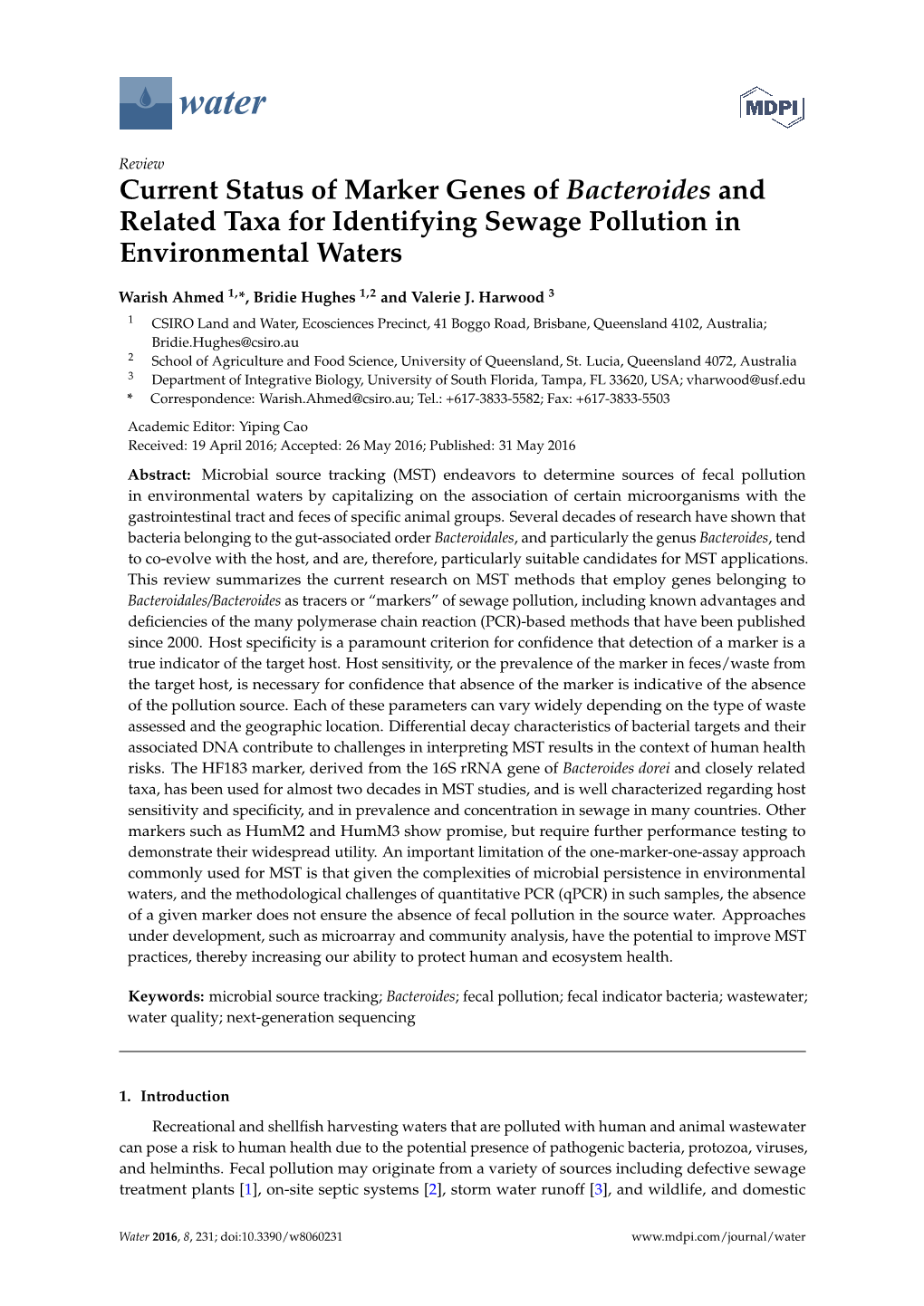 Current Status of Marker Genes of Bacteroides and Related Taxa for Identifying Sewage Pollution in Environmental Waters