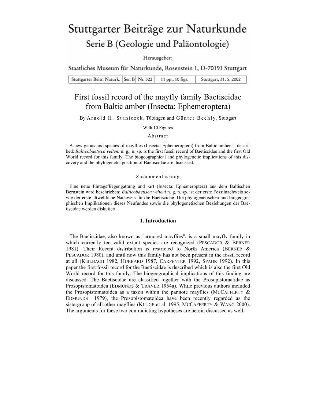 First Fossil Record of the Mayfly Family Baetiscidae from Baltic Amber (Insecta: Ephemeroptera) by Arnold H