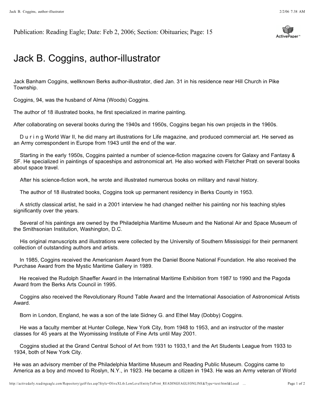 Jack B. Coggins, Author-Illustrator 2/2/06 7:38 AM