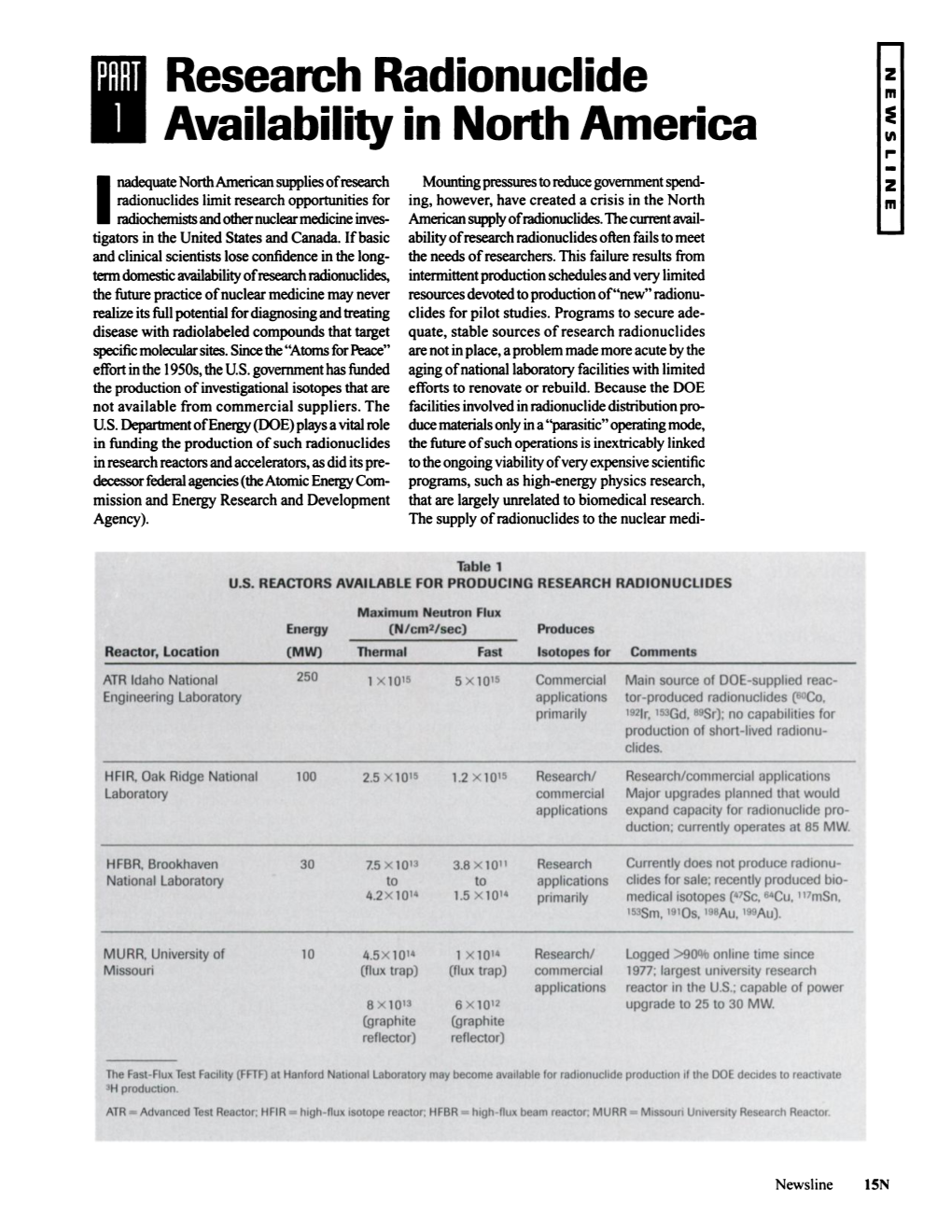 Research Radionuclide Availability in North America