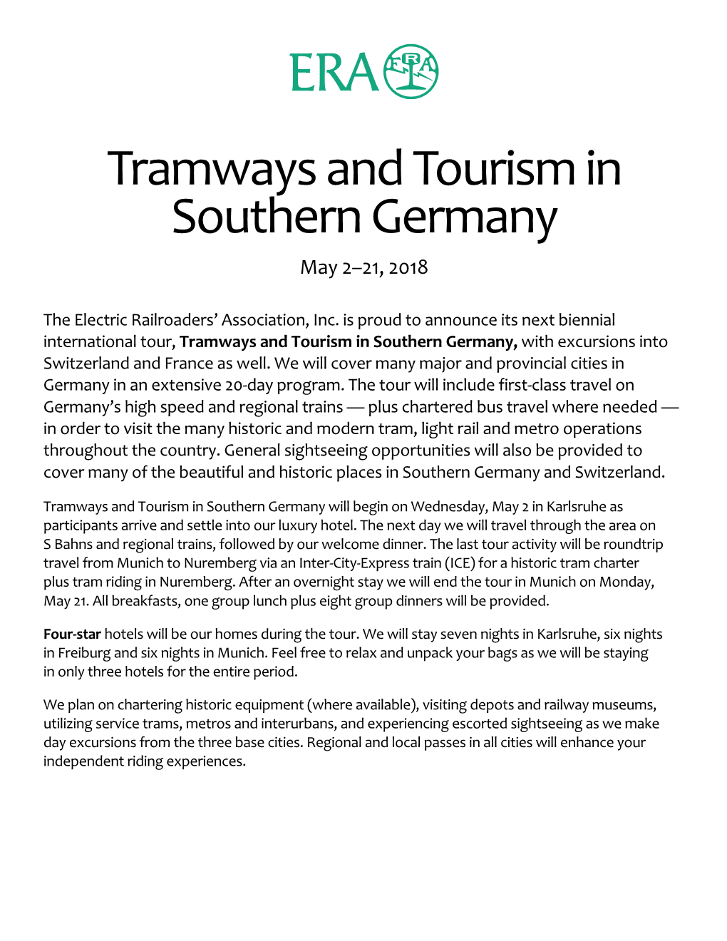 Tramways and Tourism in Southern Germany May 2–21, 2018