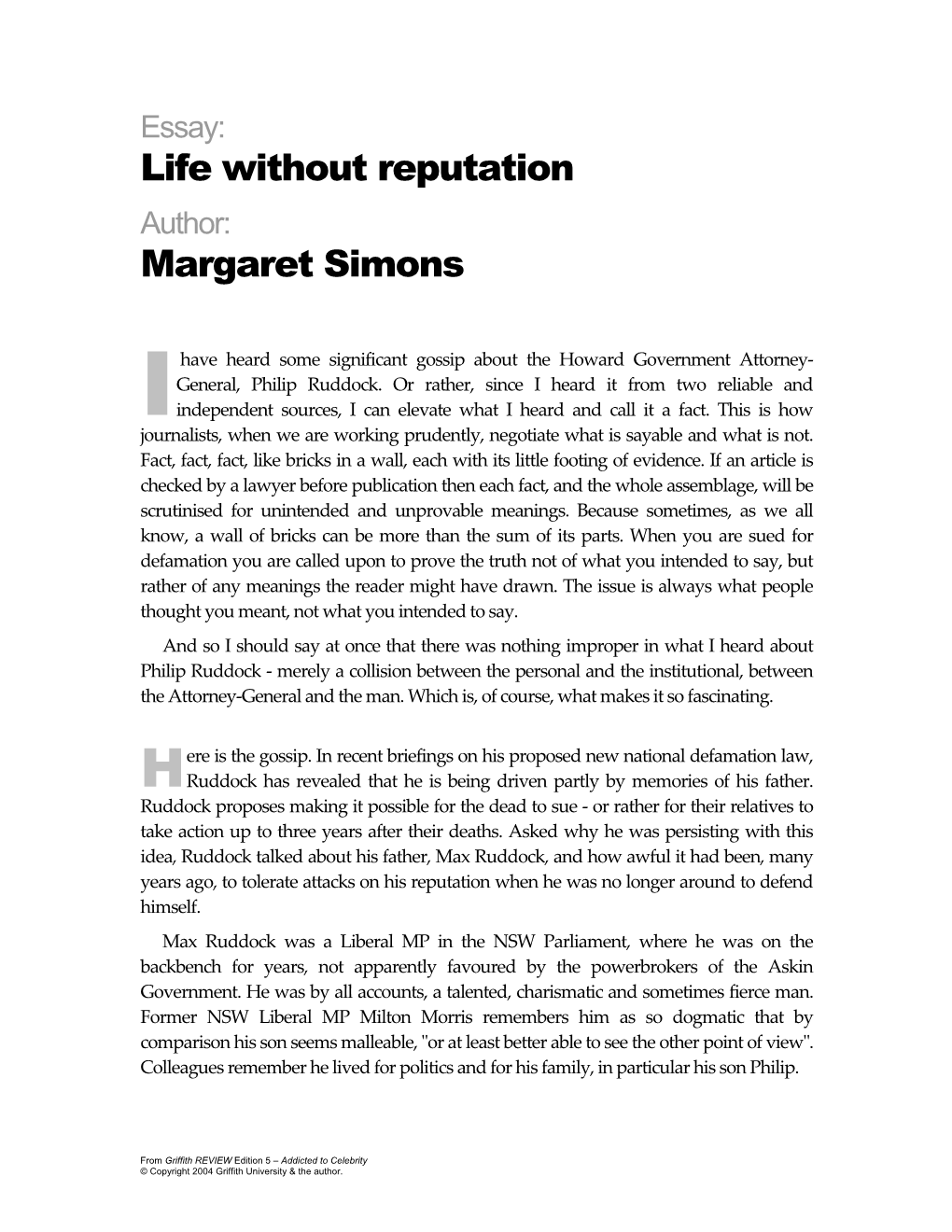 Life Without Reputation Margaret Simons