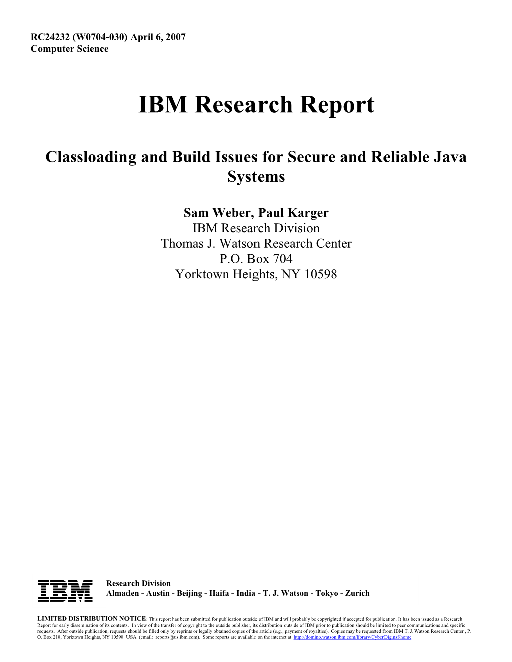 IBM Research Report Classloading and Build Issues for Secure And