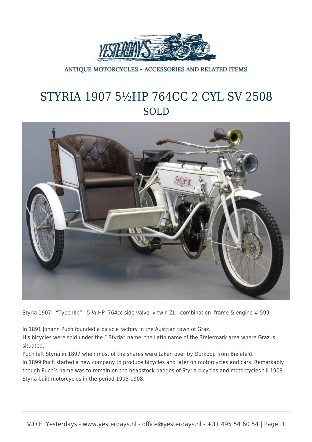 Styria 1907 5½Hp 764Cc 2 Cyl Sv 2508 Sold