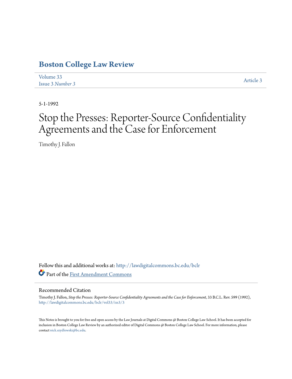 Reporter-Source Confidentiality Agreements and the Case for Enforcement Timothy J