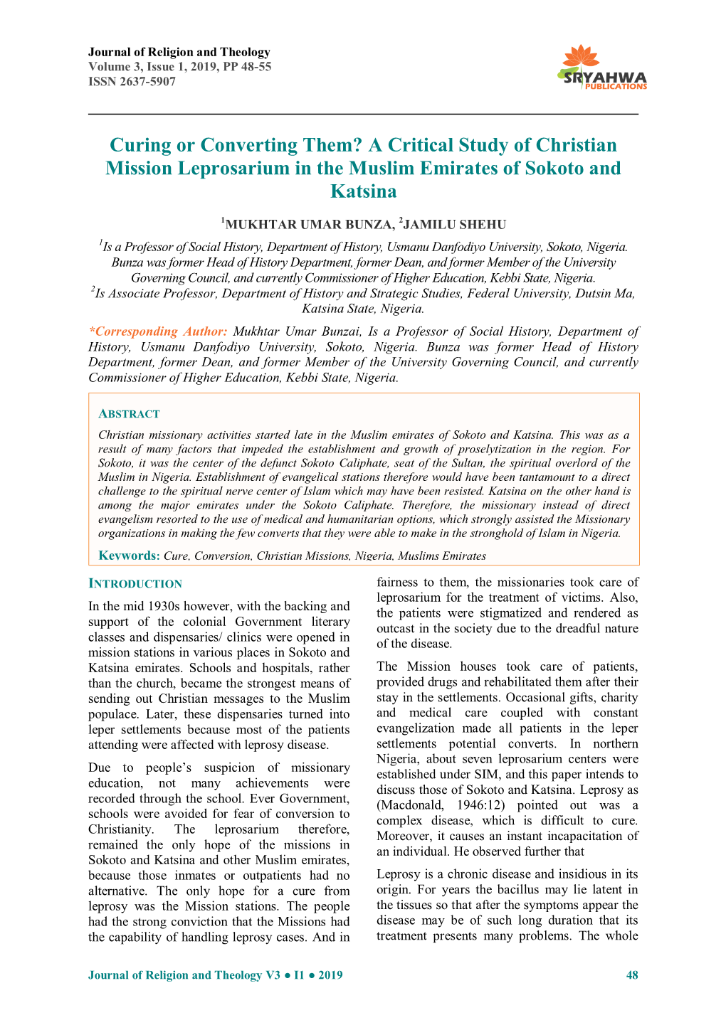 A Critical Study of Christian Mission Leprosarium in the Muslim Emirates of Sokoto and Katsina