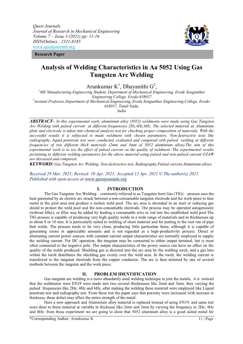 Analysis of Welding Characteristics in Aa 5052 Using Gas Tungsten Arc Welding