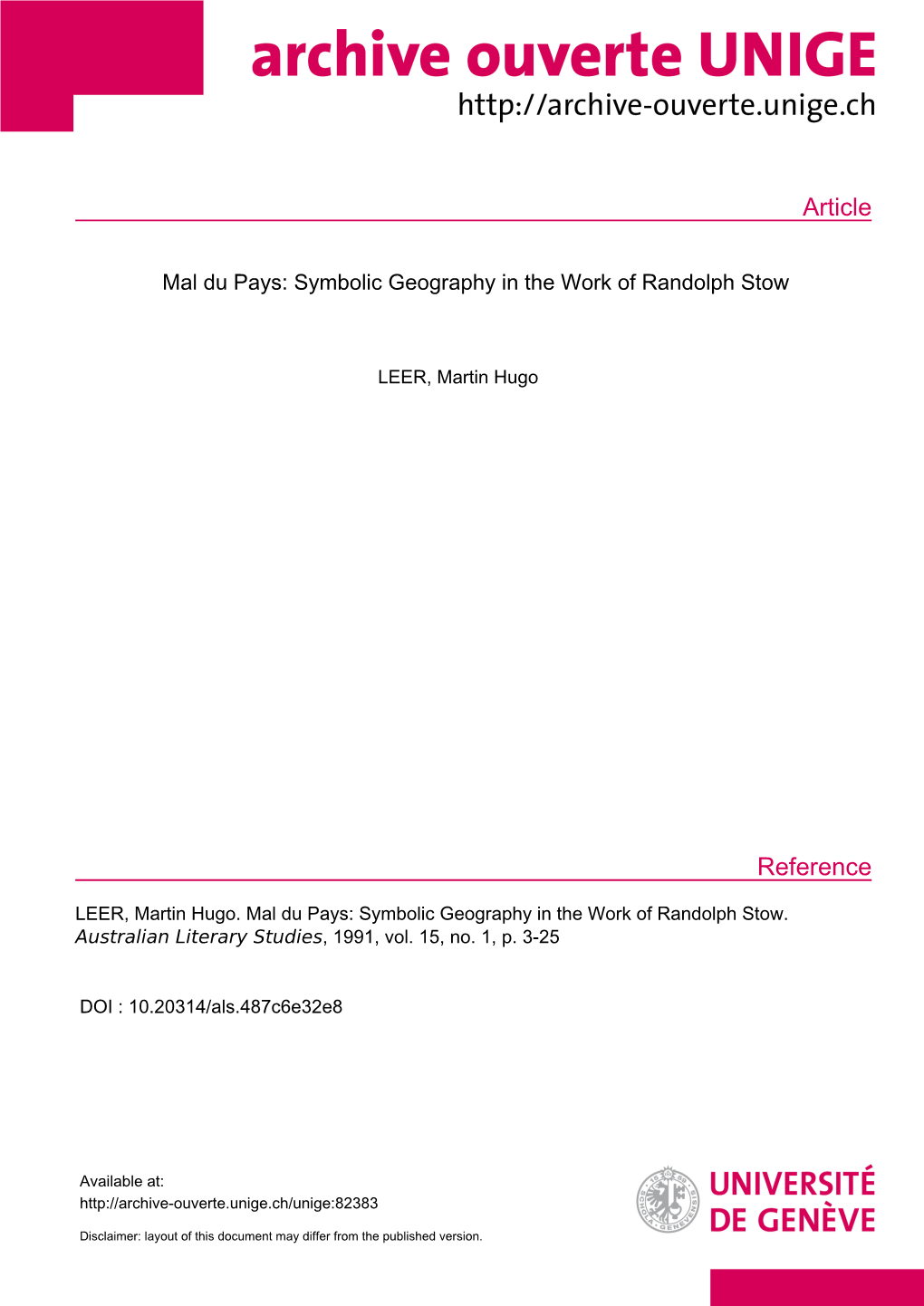 Symbolic Geography in the Work of Randolph Stow