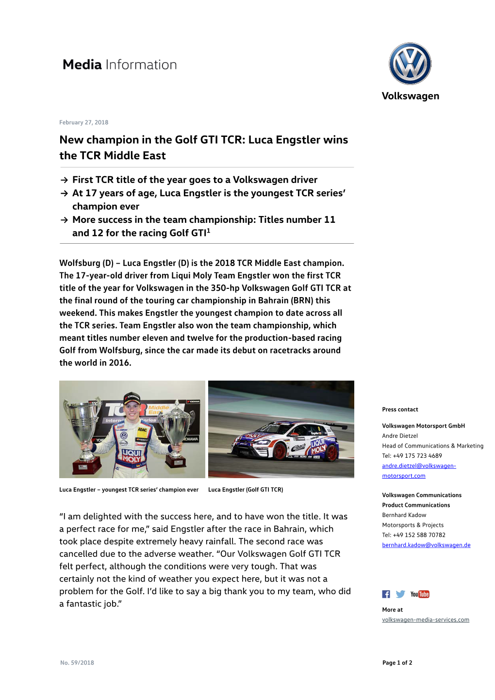 New Champion in the Golf GTI TCR: Luca Engstler Wins the TCR Middle East