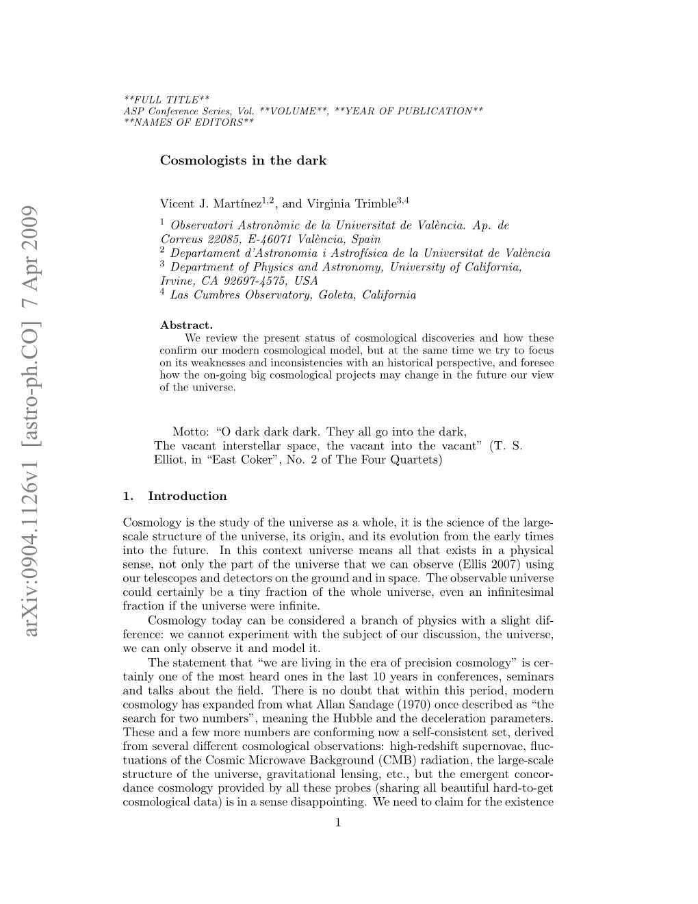 Arxiv:0904.1126V1 [Astro-Ph.CO] 7 Apr 2009 S Ofrnesre,Vl *OUE* *ERO PUBLICAT of EDITORS** **YEAR of **VOLUME**, **NAMES Vol