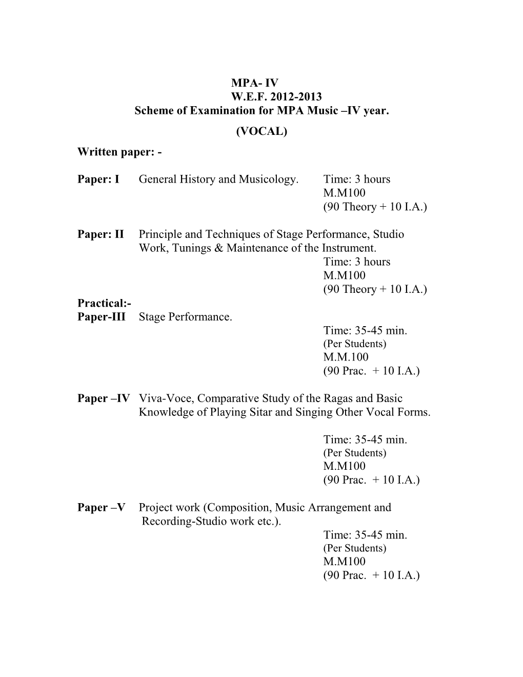 MPA IV-Year 5 Years Intergrated Course W.E.F. 2012-13