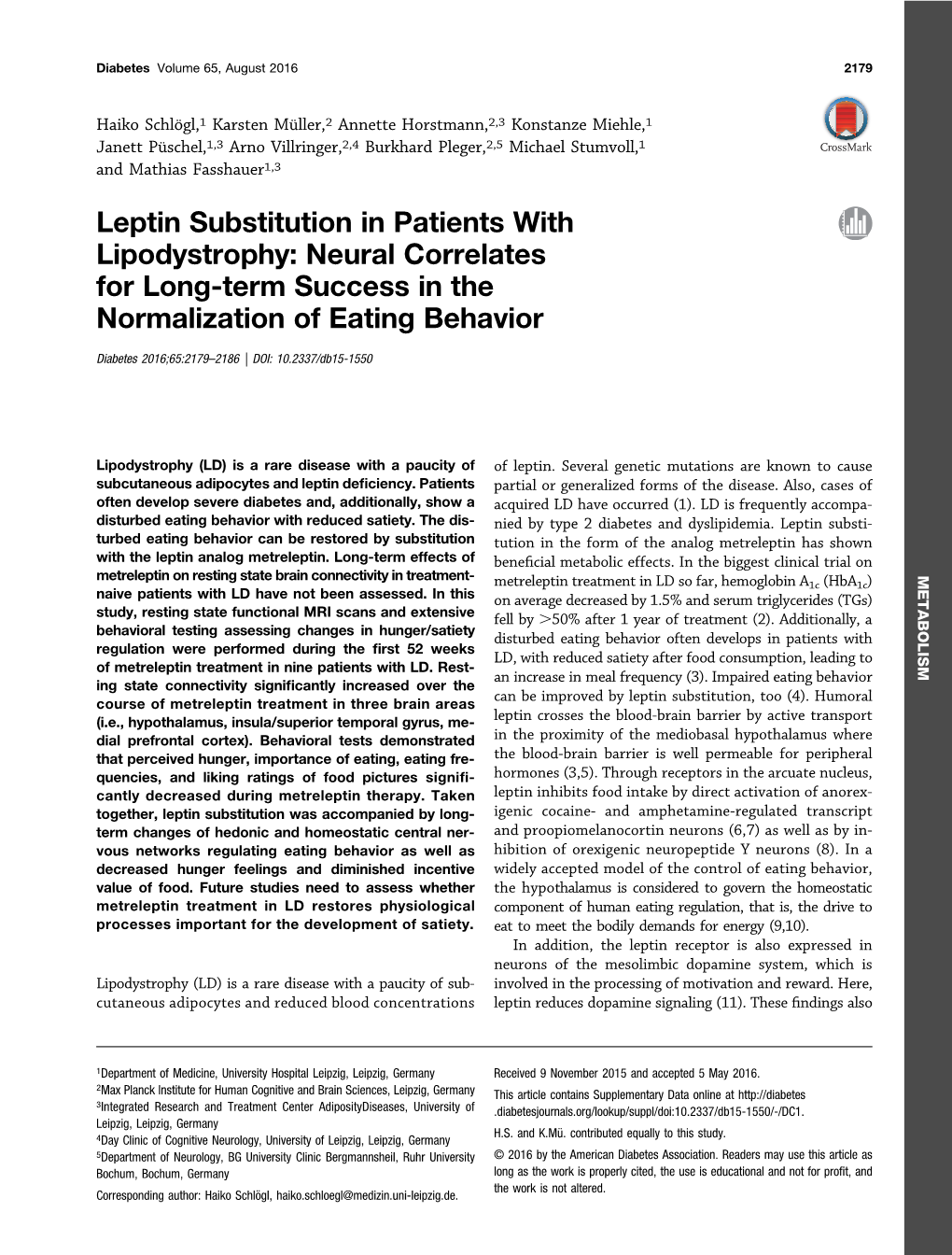 Leptin Substitution in Patients with Lipodystrophy: Neural Correlates for Long-Term Success in the Normalization of Eating Behavior