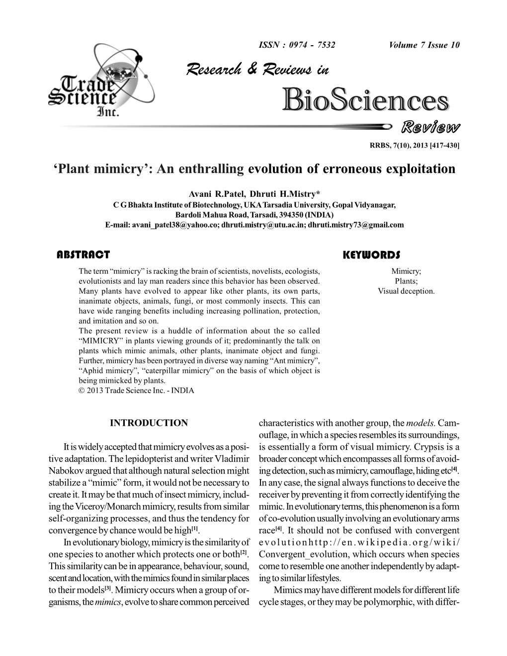 Plant Mimicry Evolution of Erroneous Exploitation