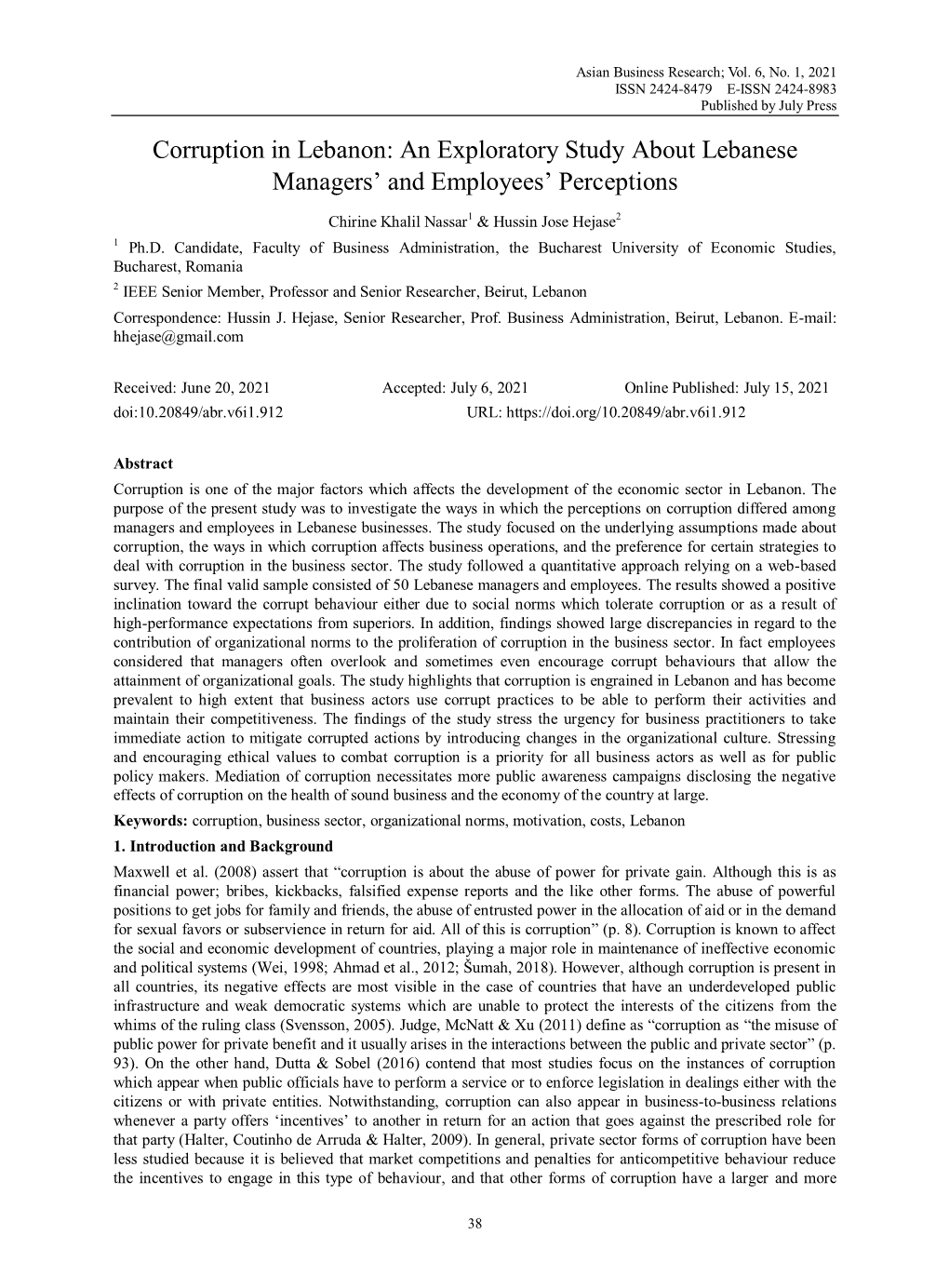 Corruption in Lebanon: an Exploratory Study About Lebanese Managers‟ and Employees‟ Perceptions