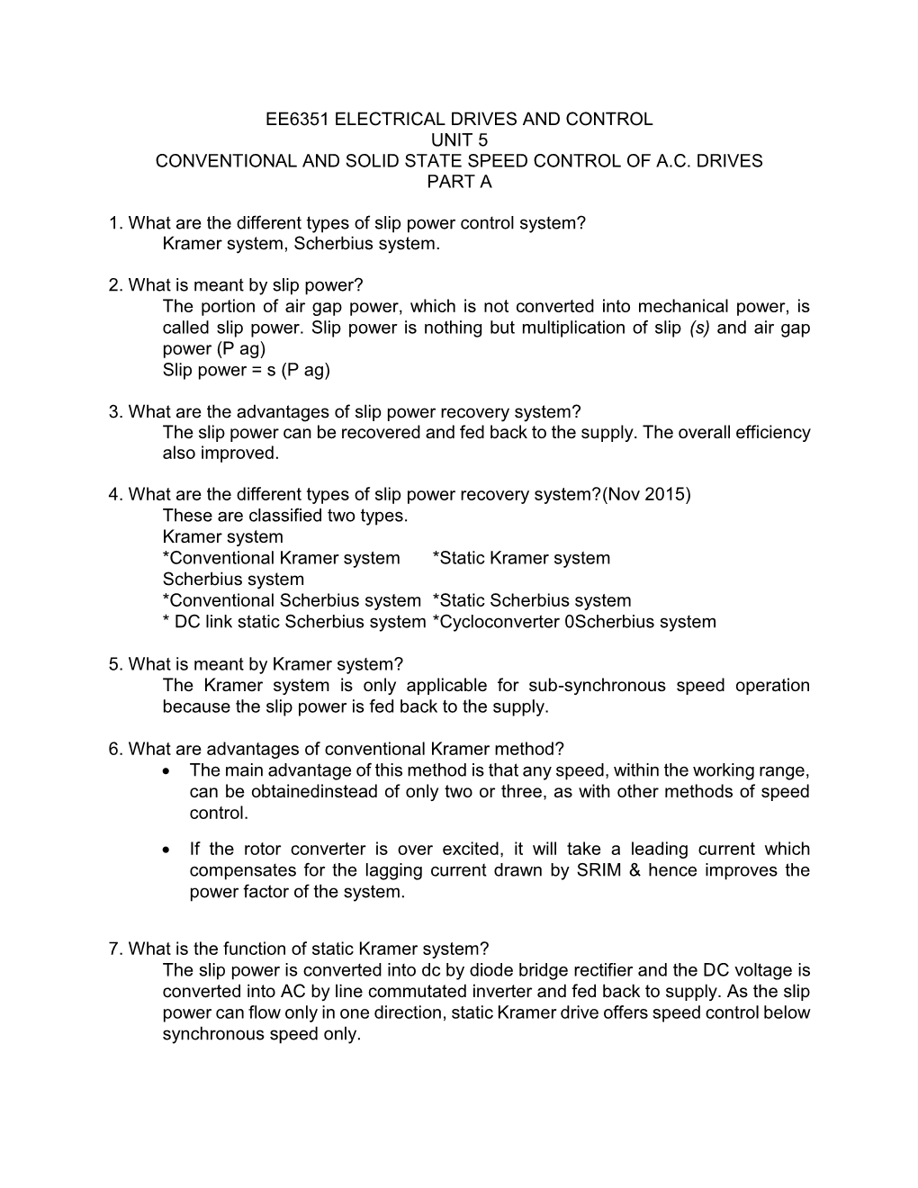 Ee6351 Electrical Drives and Control Unit 5 Conventional and Solid State Speed Control of A.C