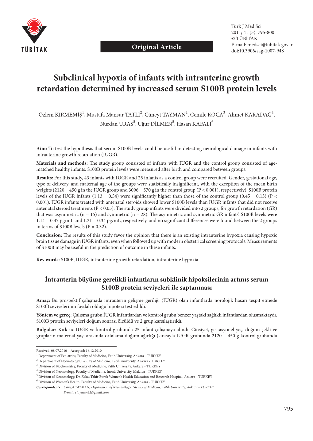Subclinical Hypoxia of Infants with Intrauterine Growth Retardation Determined by Increased Serum S100B Protein Levels