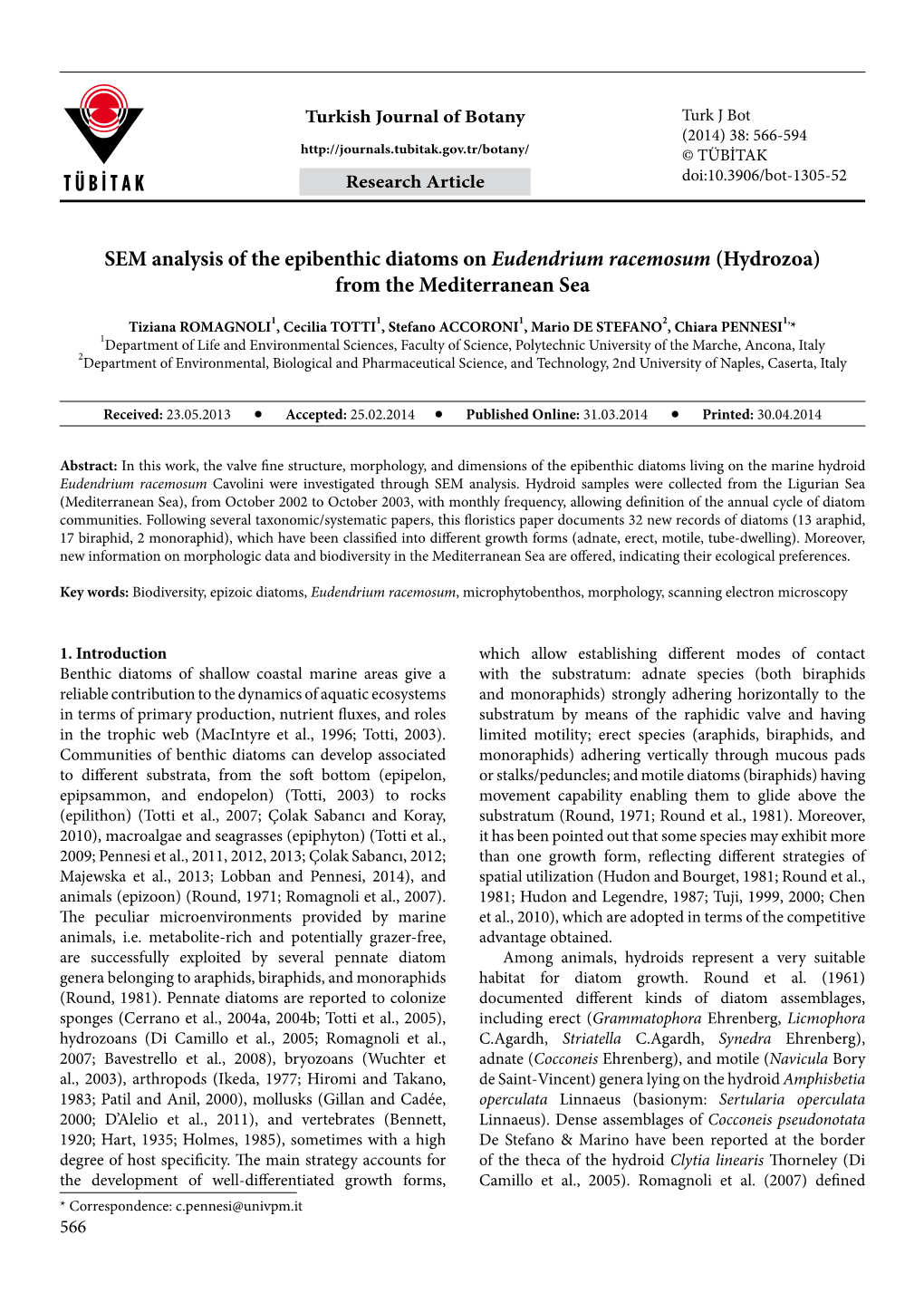 SEM Analysis of the Epibenthic Diatoms on Eudendrium Racemosum (Hydrozoa) from the Mediterranean Sea