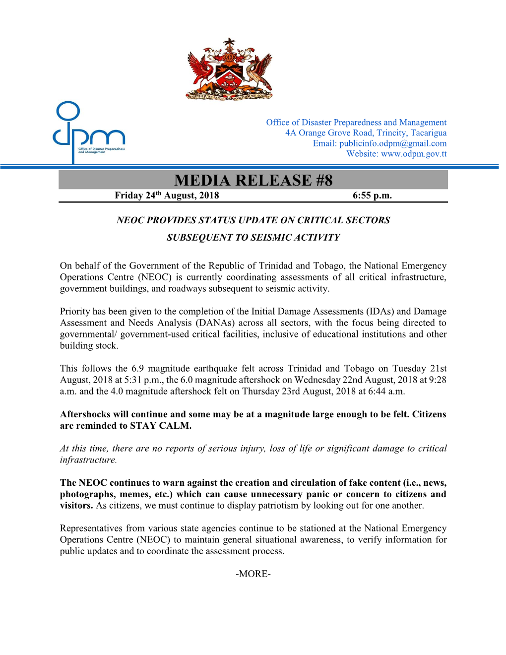 MEDIA RELEASE #8 Friday 24Th August, 2018 6:55 P.M