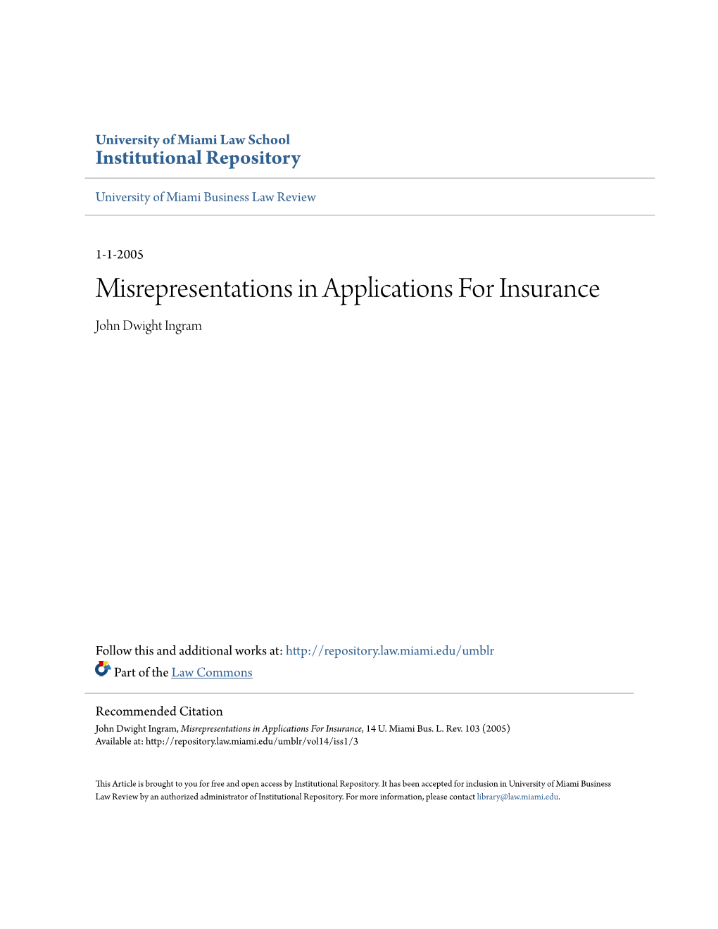 Misrepresentations in Applications for Insurance John Dwight Ingram