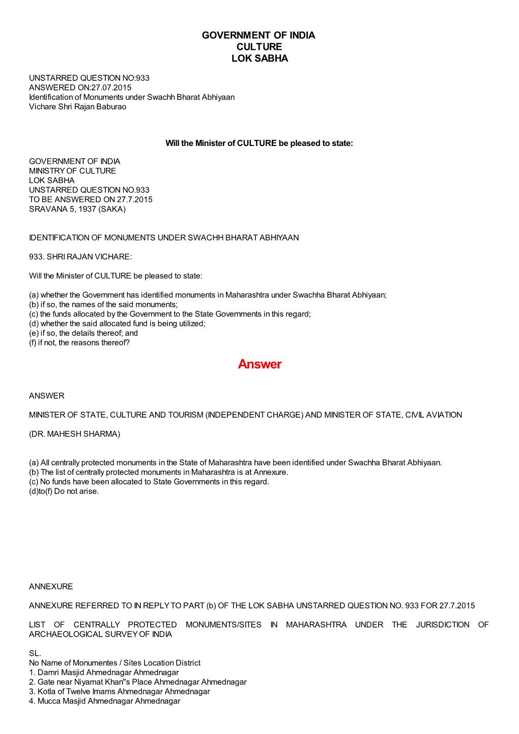 ANSWERED ON:27.07.2015 Identification of Monuments Under Swachh Bharat Abhiyaan Vichare Shri Rajan Baburao