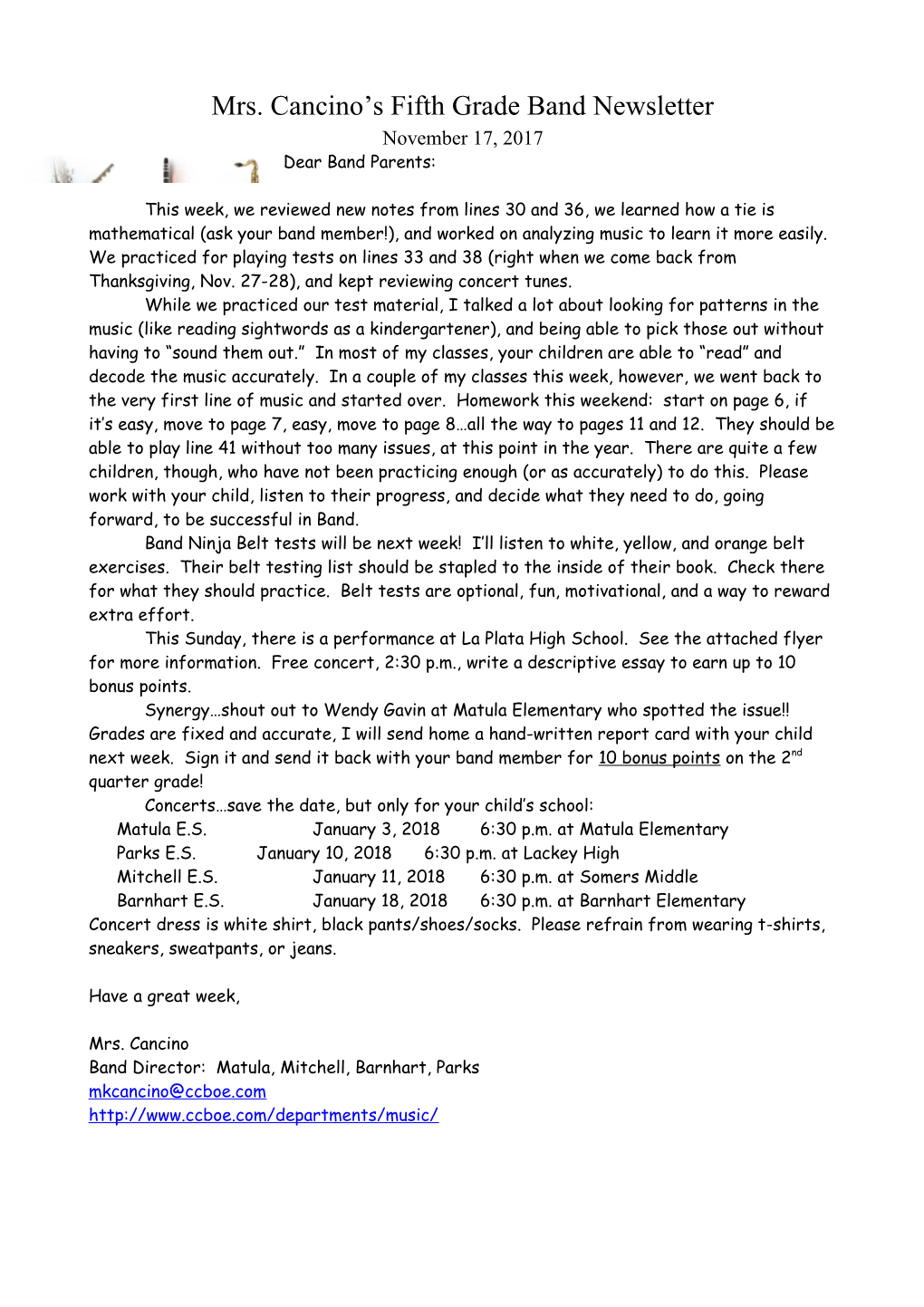 Mrs. Cancino S Fifth Grade Band Newsletter s5