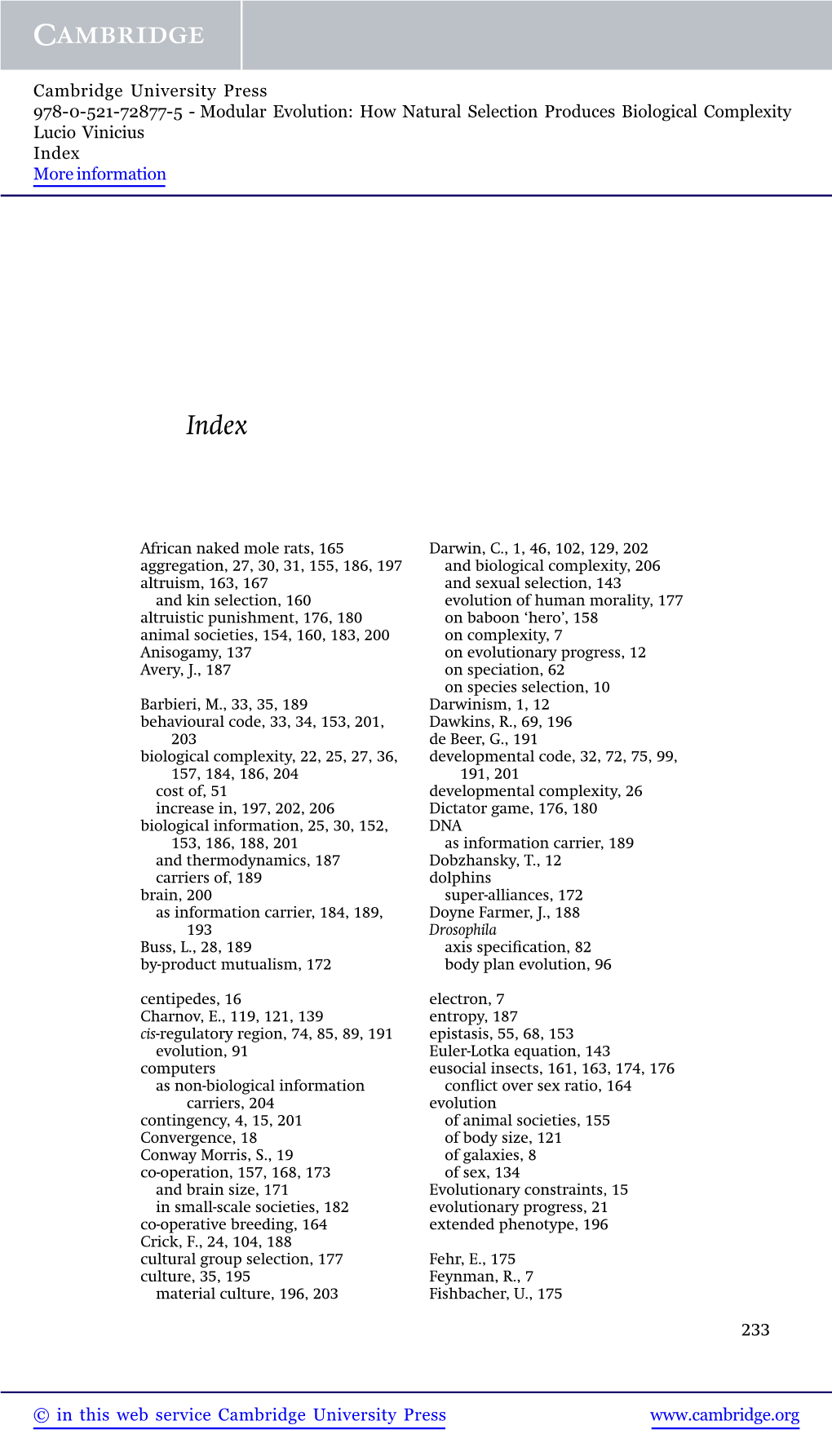 Modular Evolution: How Natural Selection Produces Biological Complexity Lucio Vinicius Index More Information