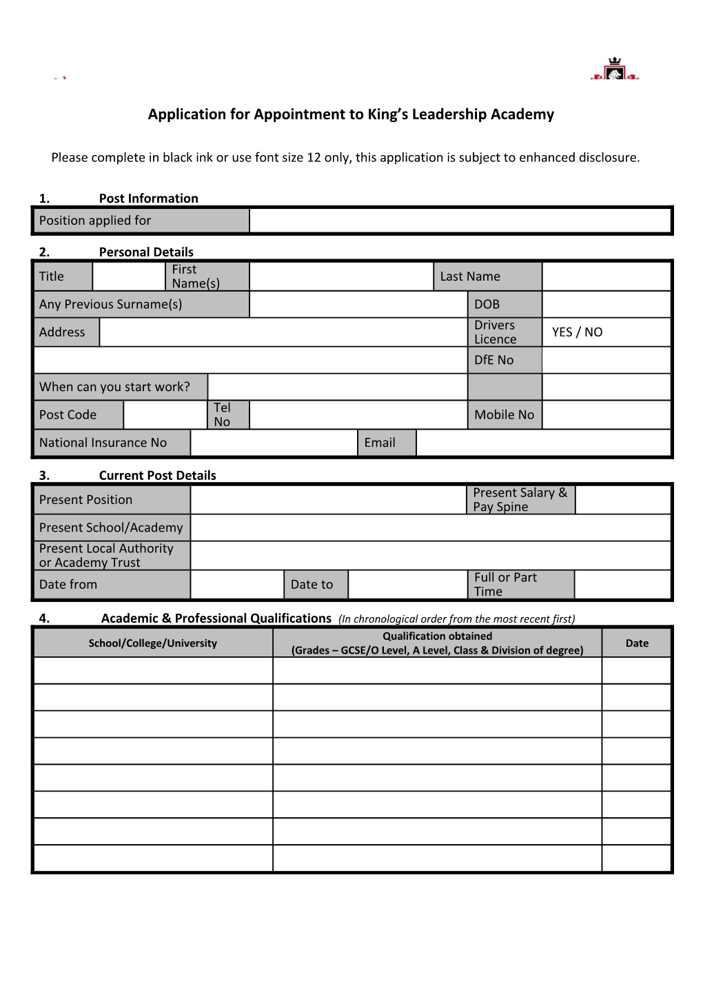 Application for Appointment to King S Leadership Academy