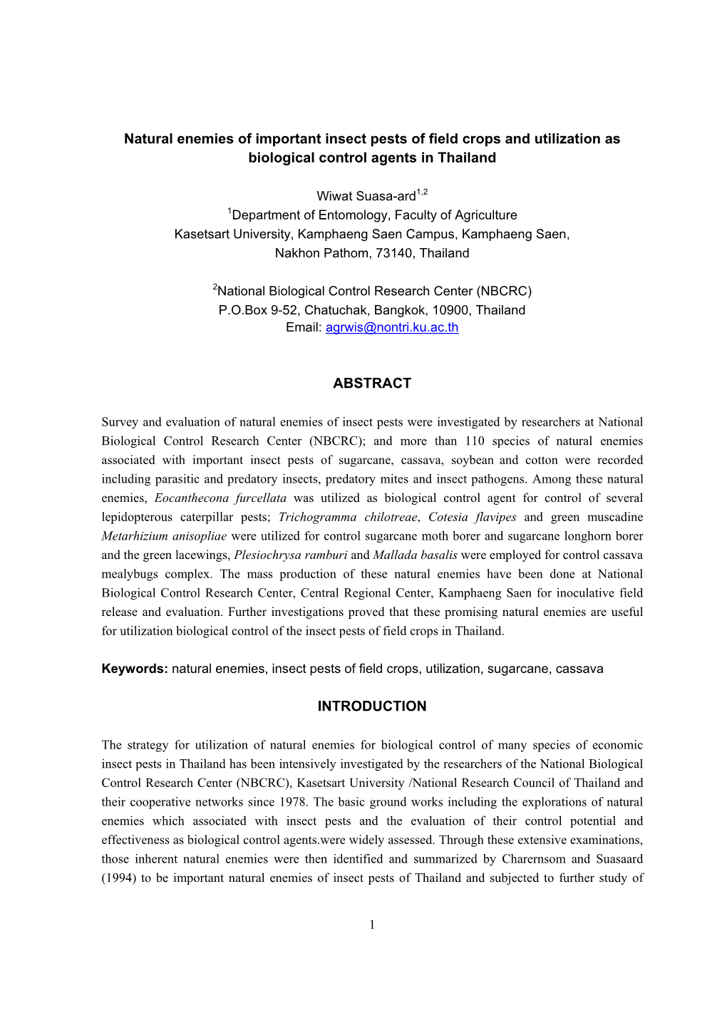 Natural Enemies of Important Insect Pests of Field Crops and Utilization As Biological Control Agents in Thailand