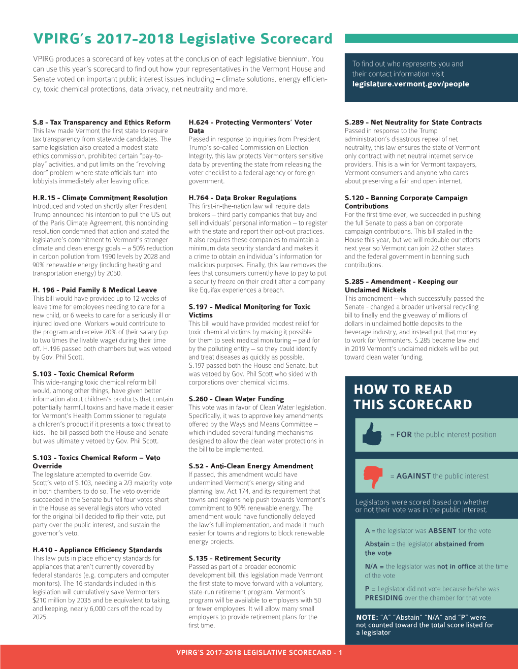 VPIRG's 2017-2018 Legislative Scorecard