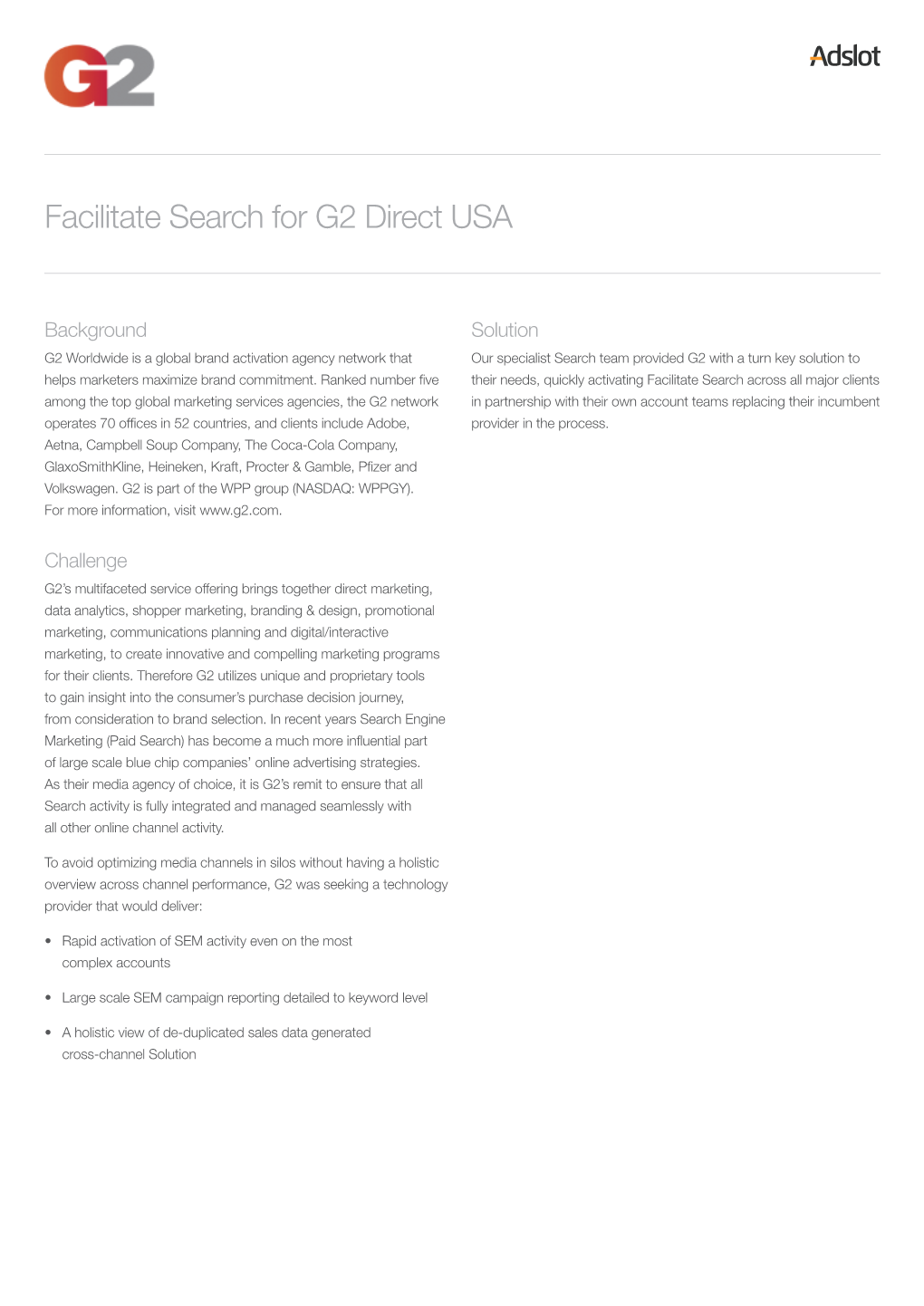 Facilitate Search for G2 Direct USA