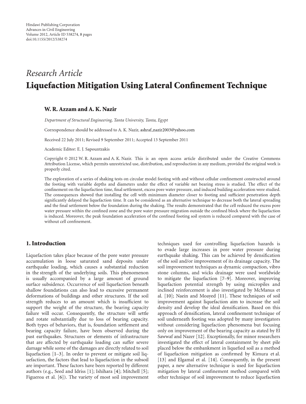 Research Article Liquefaction Mitigation Using Lateral Conﬁnement Technique