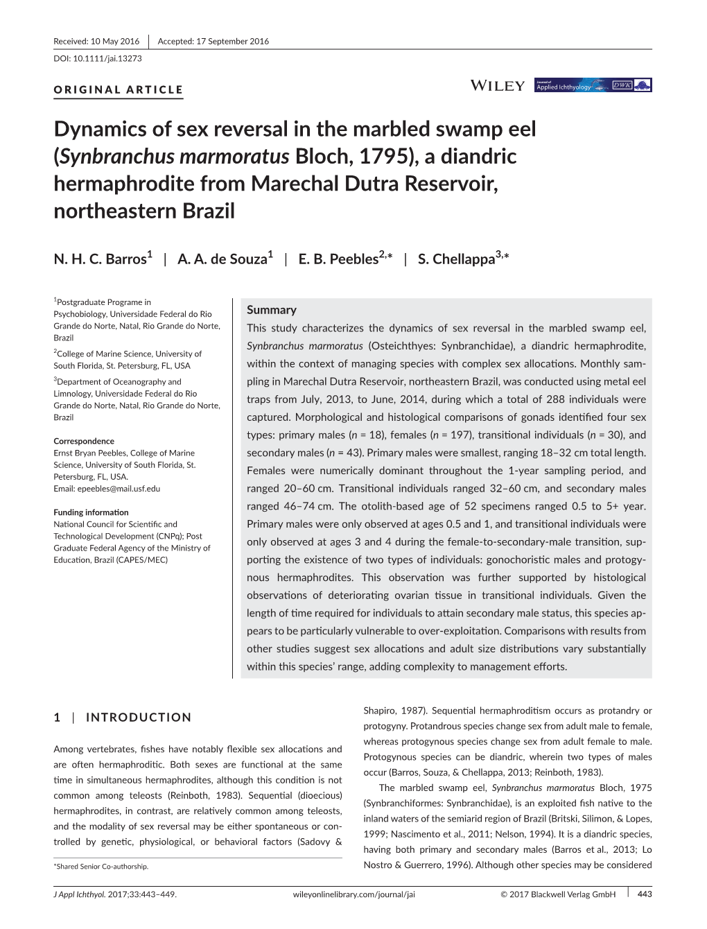 Dynamics of Sex Reversal in the Marbled Swamp Eel (Synbranchus Marmoratus Bloch, 1795), a Diandric Hermaphrodite from Marechal Dutra Reservoir, Northeastern Brazil