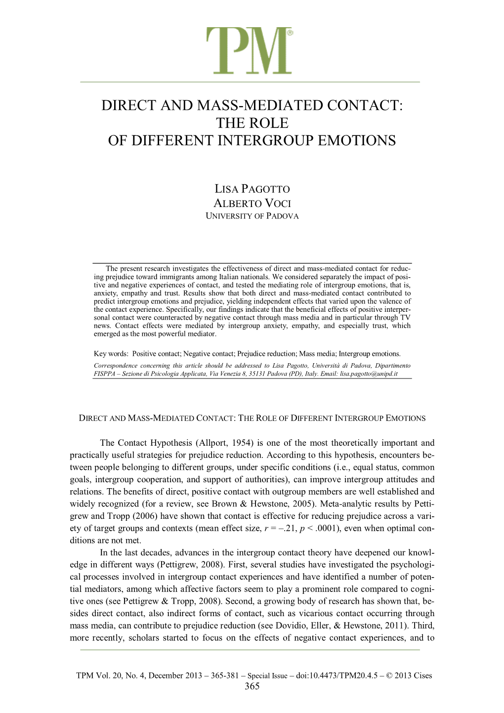 Direct and Mass-Mediated Contact: the Role of Different Intergroup Emotions